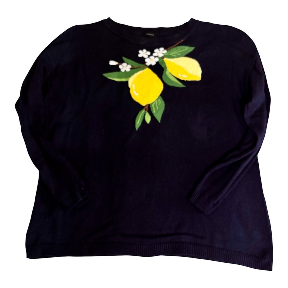 Talbots Women's Fresh Lemons Intarsia Sweater Navy Crewneck Pullover Size XL - Picture 2 of 7